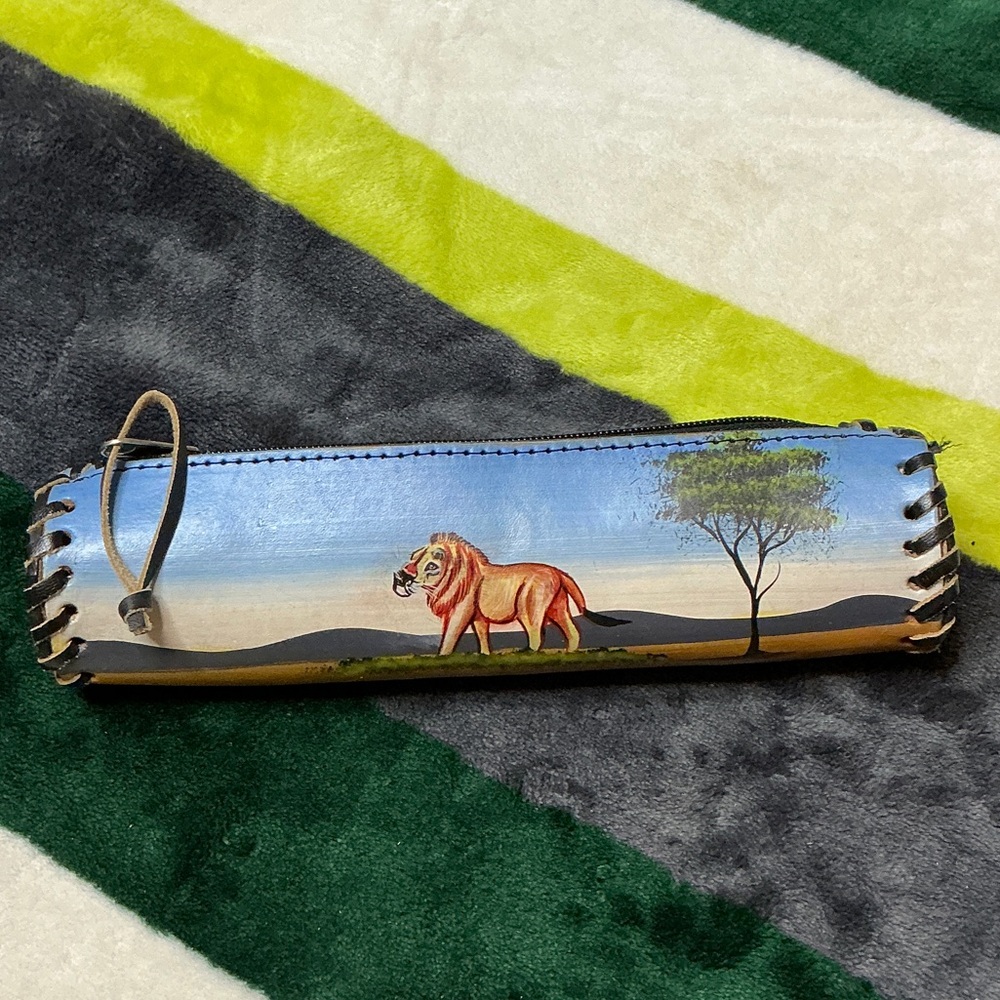 Leather Pencil Case with Lion Design